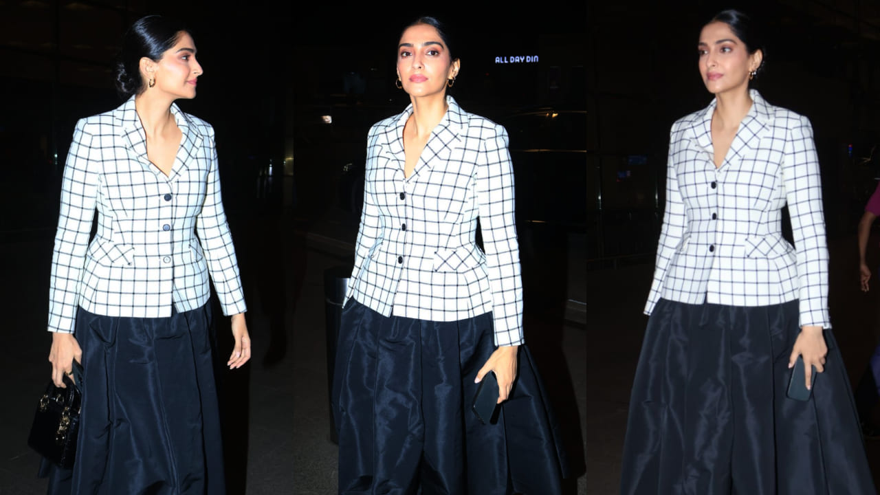 Sonam Kapoor at airport in Checkered blazer and black skirt