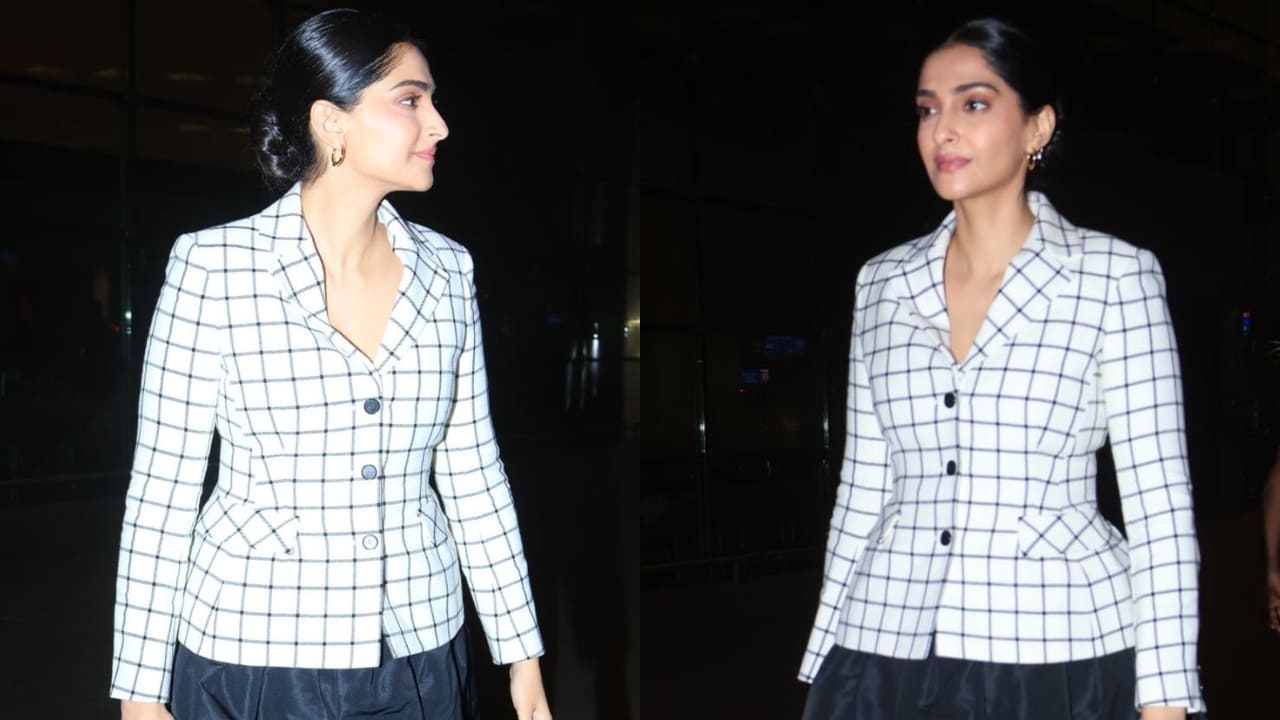 Sonam Kapoor at airport in Checkered blazer and black skirt