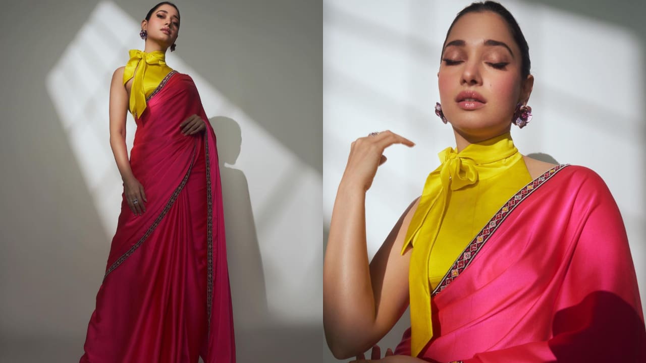 Tamannaah Bhatia in yellow and pink saree