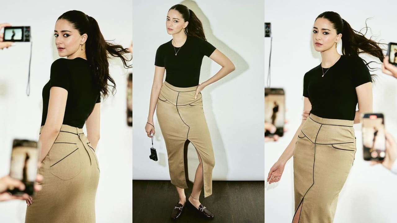 Ananya Panday in black top and camel skirt 