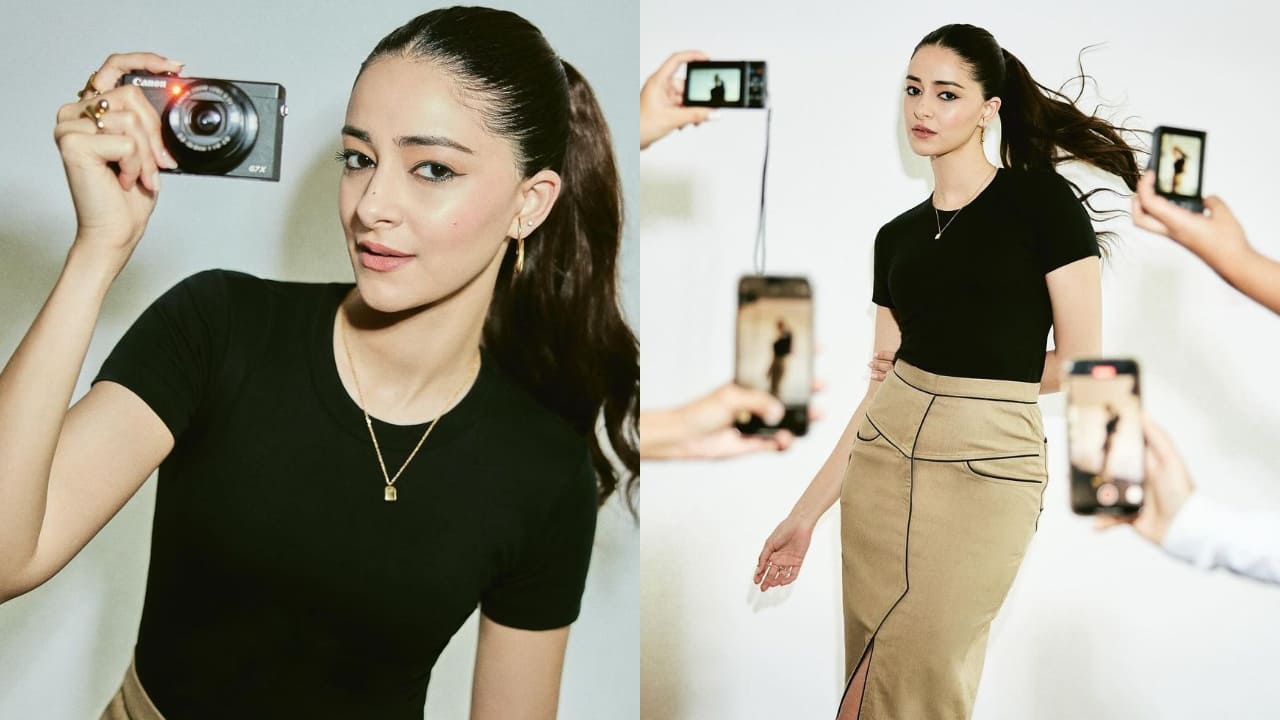 Ananya Panday in black top and camel skirt 