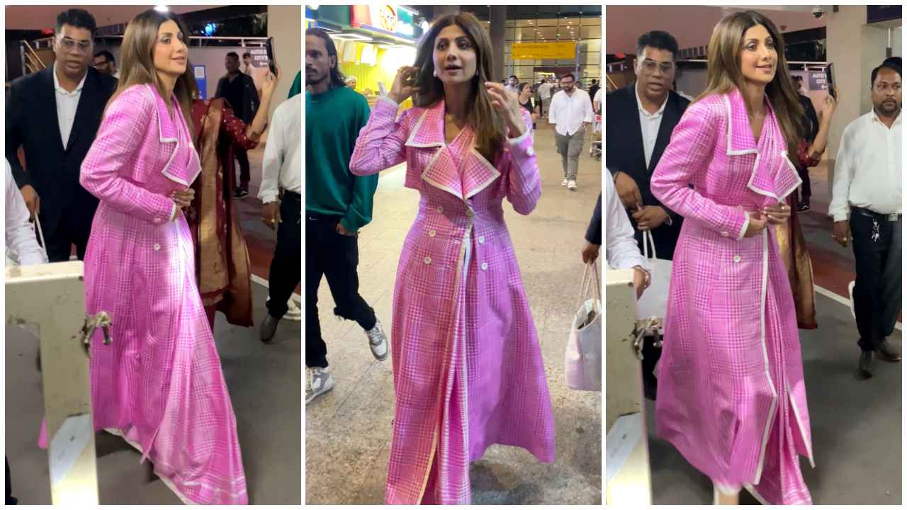 Shilpa Shetty experiments with gingham print in pink saree with oversized coat and we think it’s a HIT (PC: Varinder Chawla)