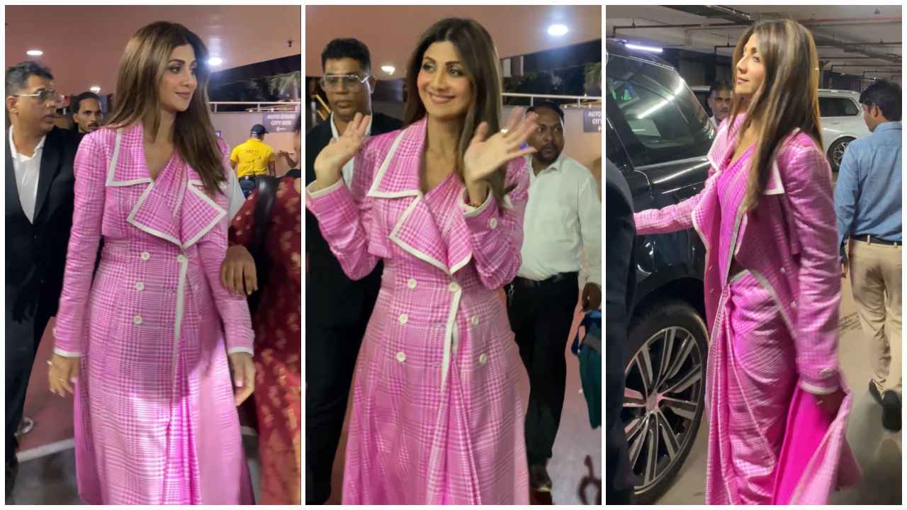 Shilpa Shetty experiments with gingham print in pink saree with oversized coat and we think it’s a HIT (PC: Varinder Chawla)