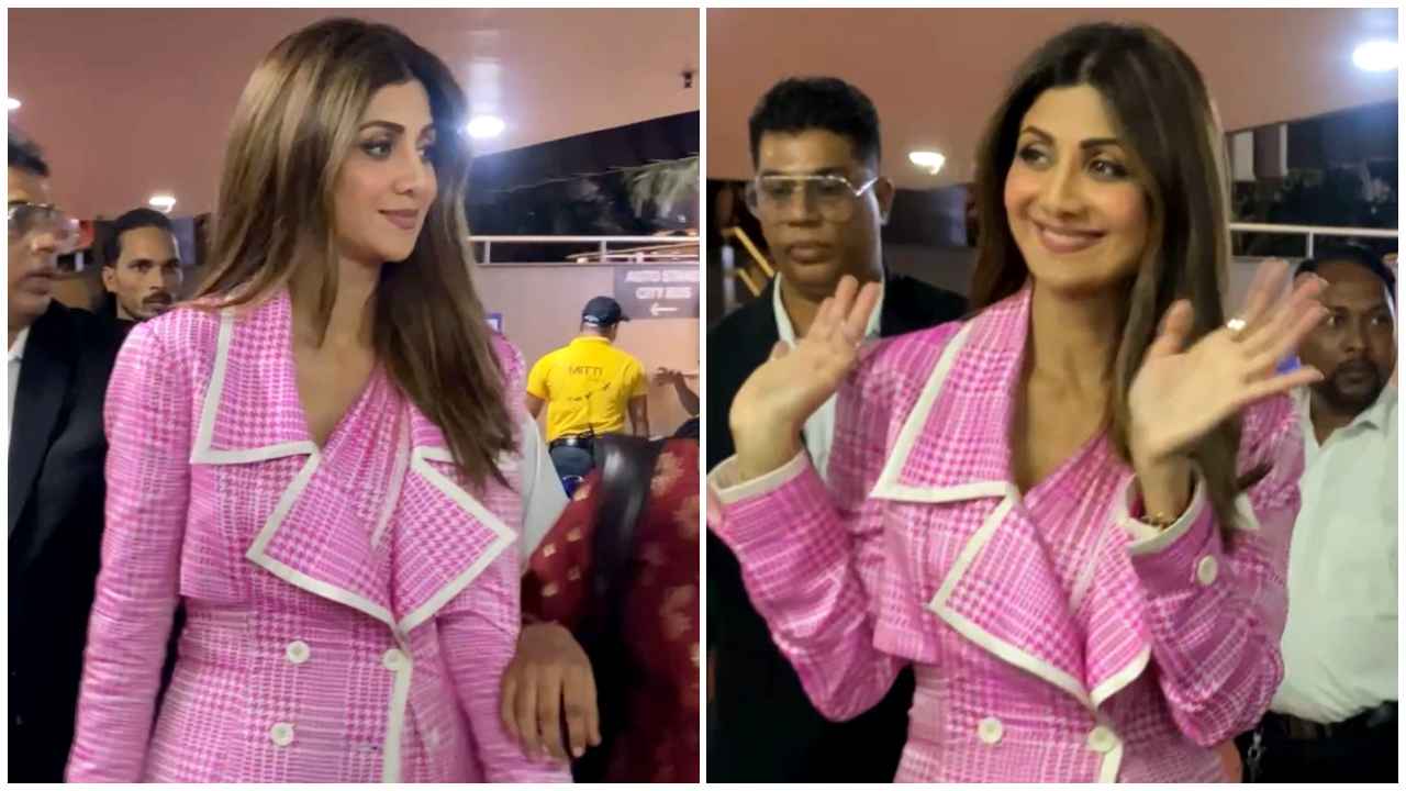 Shilpa Shetty experiments with gingham print in pink saree with oversized coat and we think it’s a HIT (PC: Varinder Chawla)