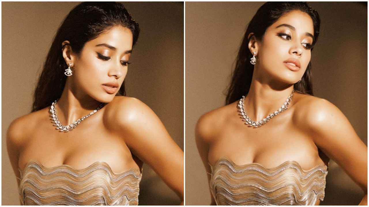 Janhvi Kapoor is all that shimmers and shines in a glittery gold stucco co-ord with Bulgari earrings (PC: Janhvi Kapoor Instagram)