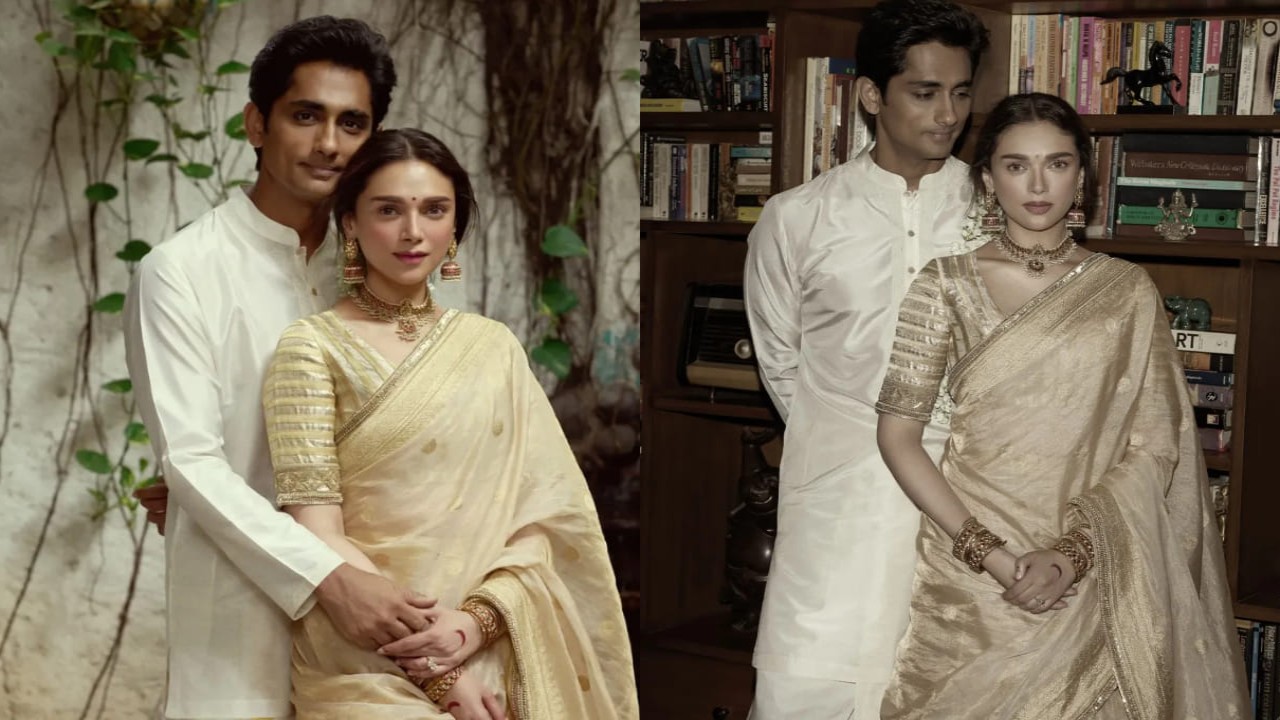 Aditi Rao Hydari takes minimal route in beige - gold saree for her wedding with Siddharth