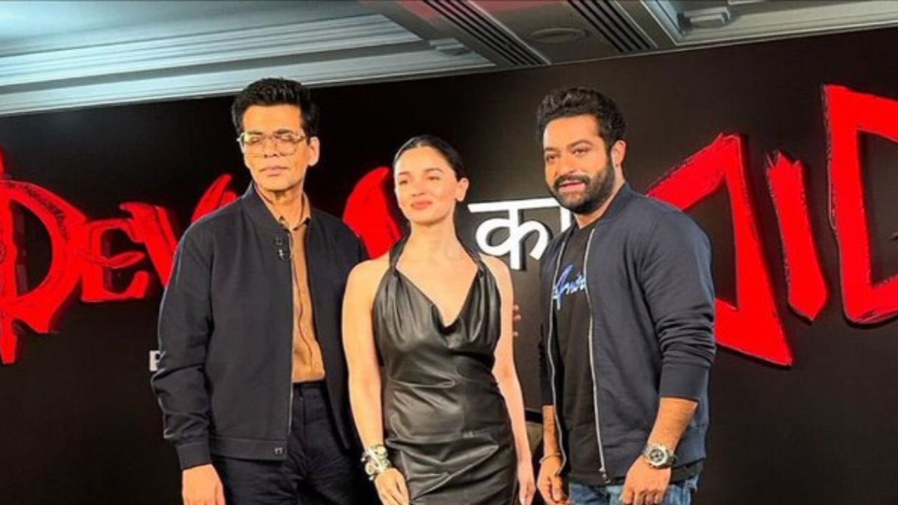 PHOTOS: RRR co-star Alia Bhatt and Karan Johar join Jr NTR for Devara promotions 