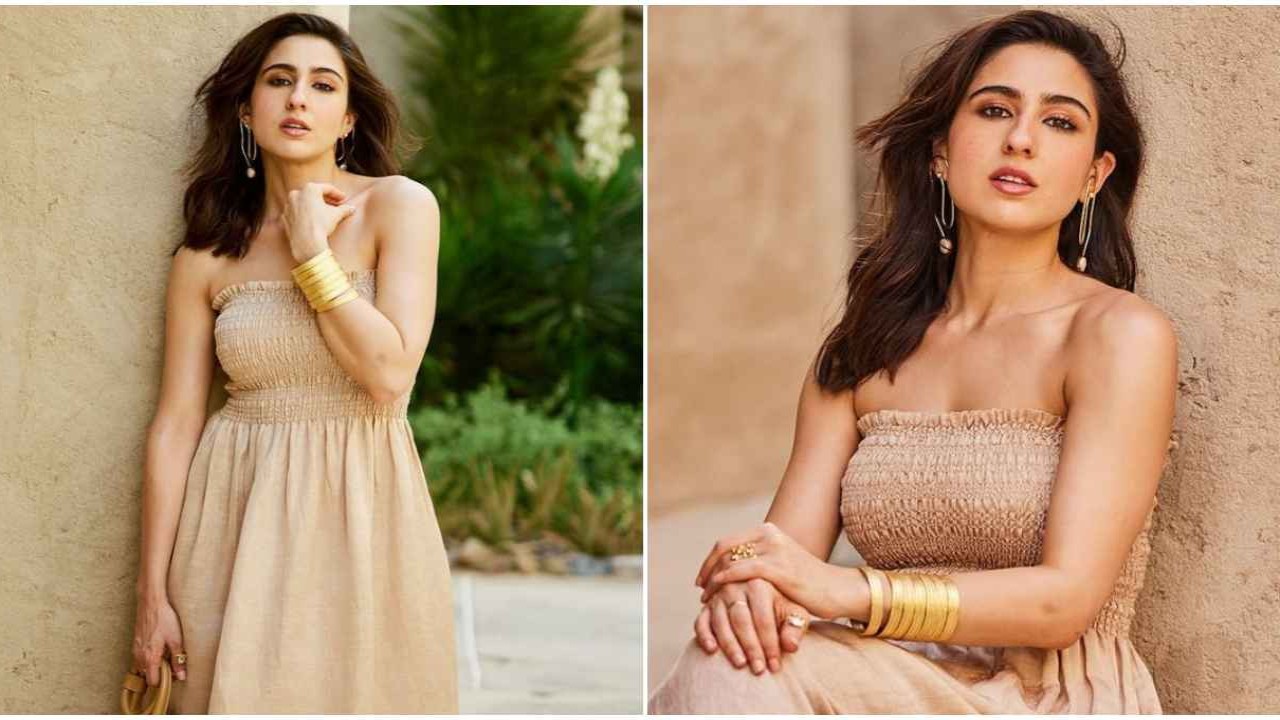 Sara Ali Khan, Maxi Dress, strapless dress, flowy dress, dress, long dress, neutral colors, hot, Style, Fashion