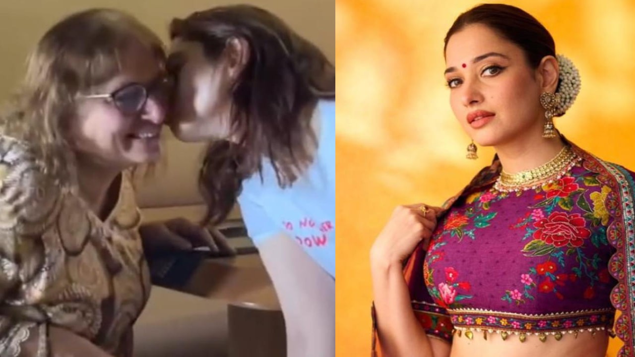 WATCH: Tamannaah Bhatia plants sweet kiss on her dearest mommy's cheek while her furry friend gets jealous