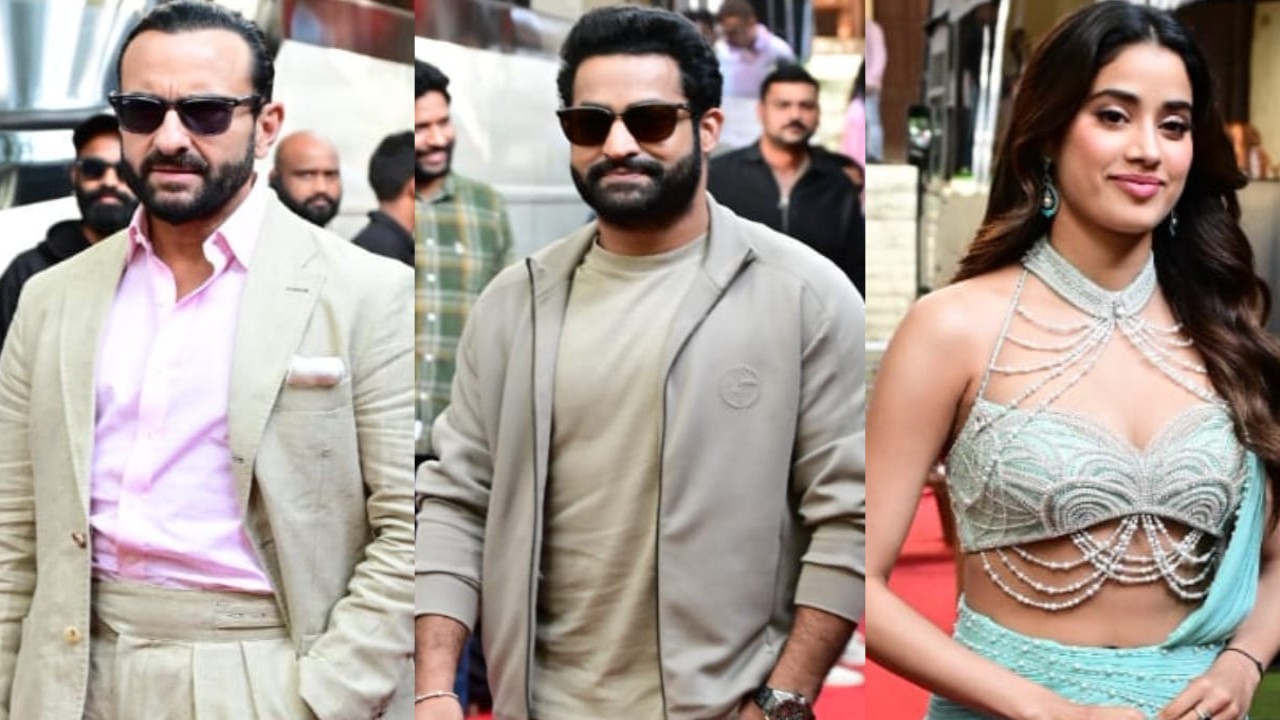 PHOTOS: Jr NTR and Saif Ali Khan promote Devara in style; Janhvi Kapoor joins them sporting Daavudi look in Mumbai