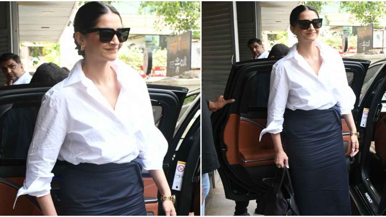 Sonam Kapoor Ahuja, formal, formal look, white shirt, shirt, ruched skirt,black skirt, hot, fashion, style