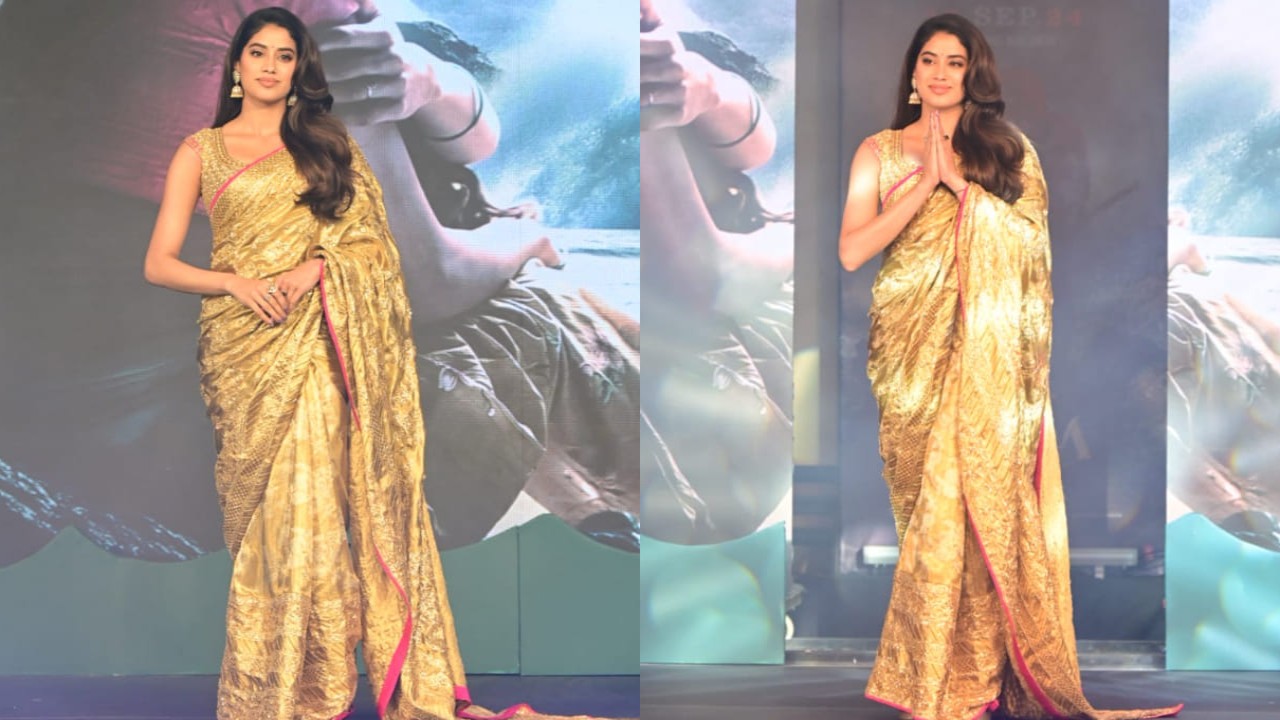 Janhvi Kapoor in golden saree at Devara trailer launch