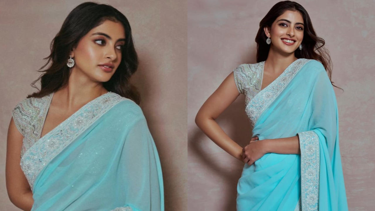 Navya Naveli Nanda in blue Abu Jani Sandeep Khosla saree