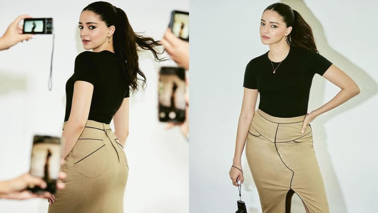 Ananya Panday in black top and camel skirt 