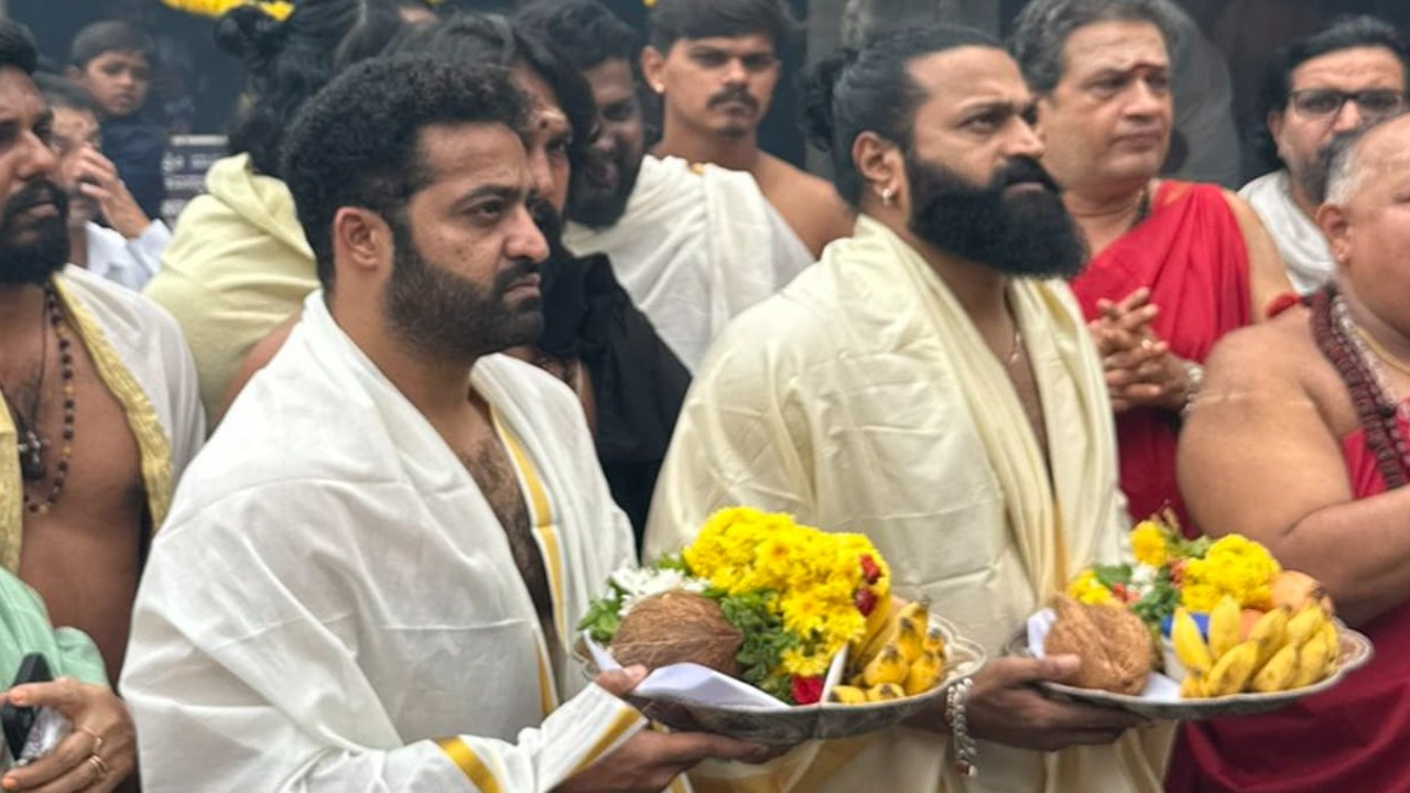 Jr NTR, Rishab Shetty seek blessings at Kolluru Shri Mookambika Devi Temple with family, see PICS