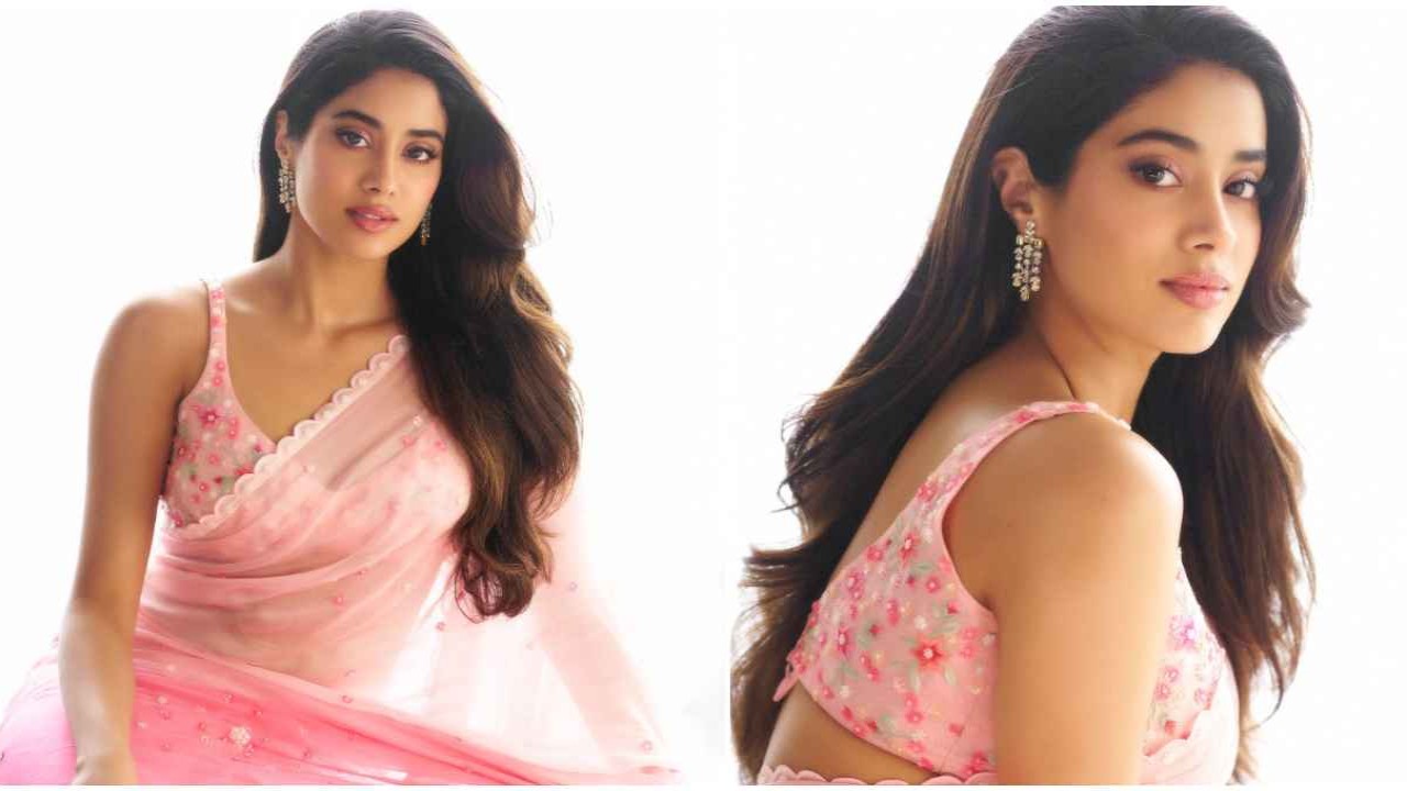 Janhvi Kapoor, saree, Nachiket Barve, pink saree, floral saree, ethnuc wear, ethnic, style, fashion