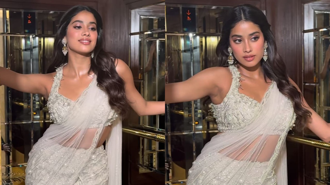 Janhvi Kapoor in white pearl saree for Devara promotions 