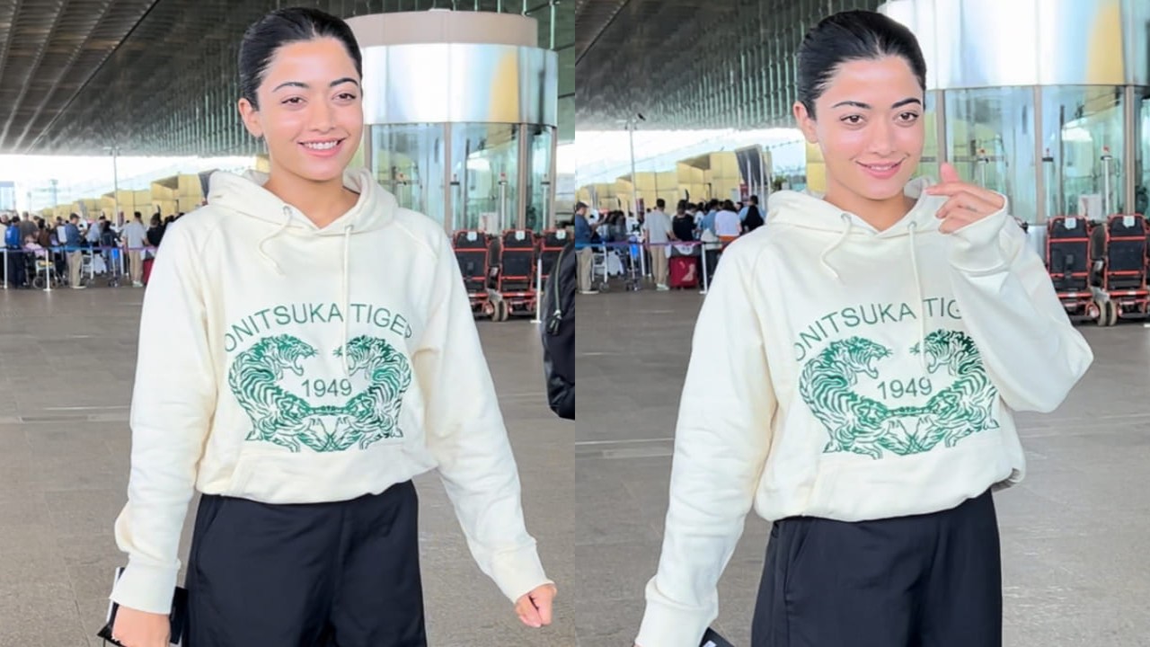 Rashmika Mandanna in hoodie and flared pants at airport