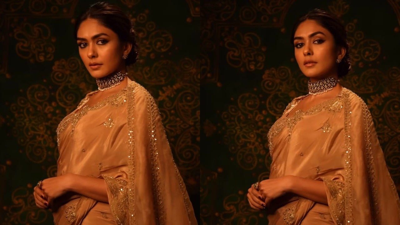 Mrunal Thakur in beige saree