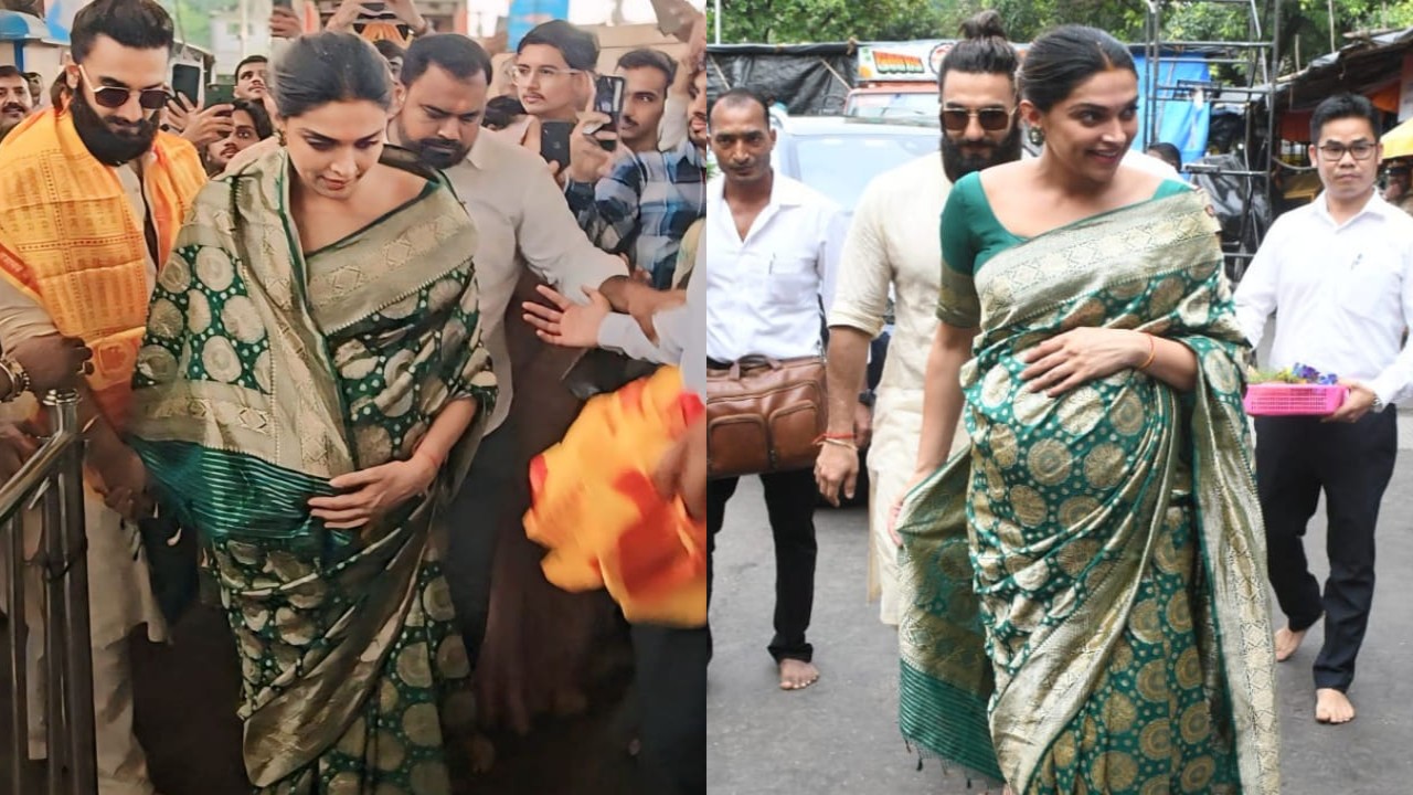 Mom-to-be Deepika Padukone is a refreshing sight in green and golden saree as she graces Siddhivinayak Temple with Ranveer Singh