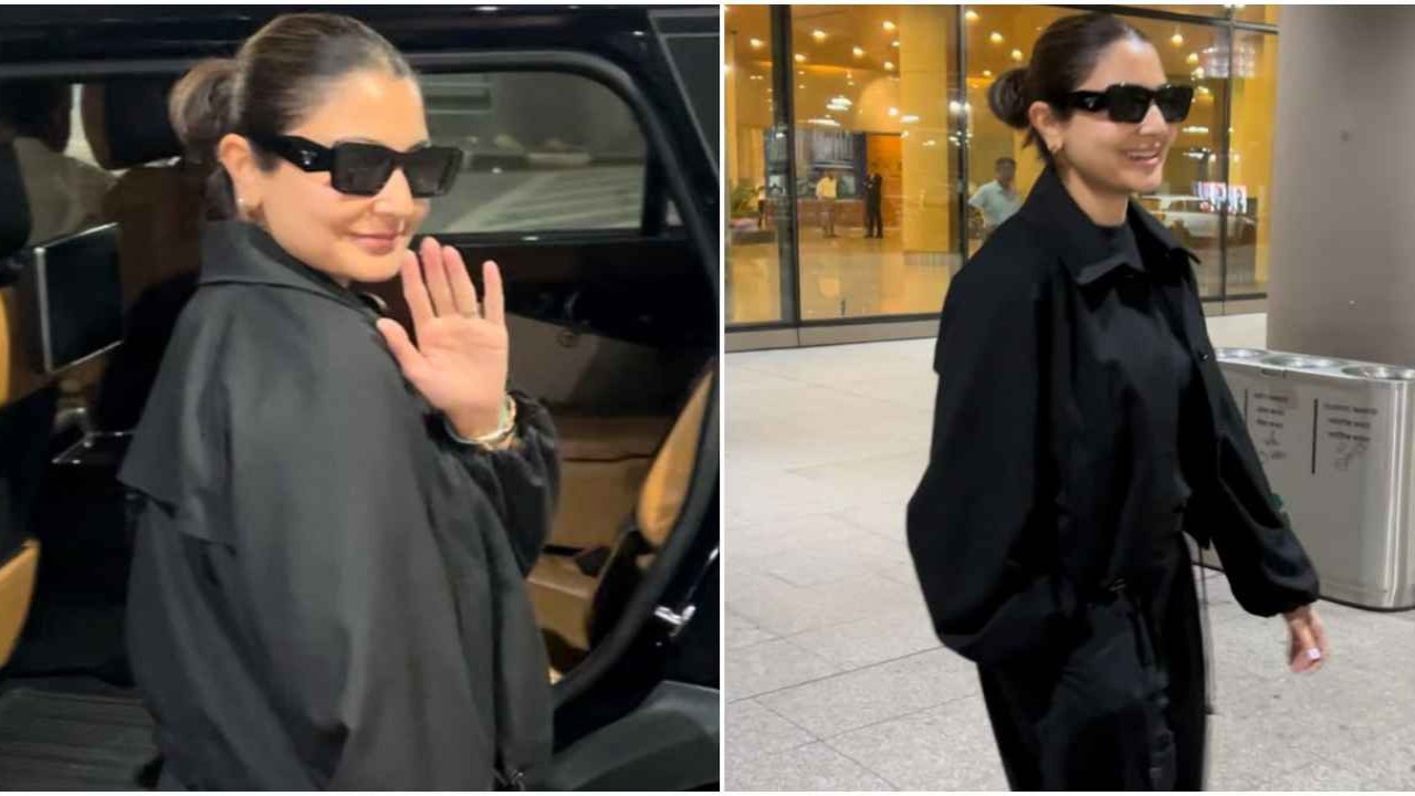 Woman in Black: Anushka Sharma returns to India in style; pulls off a London style look in balloon hemline jacket and pants