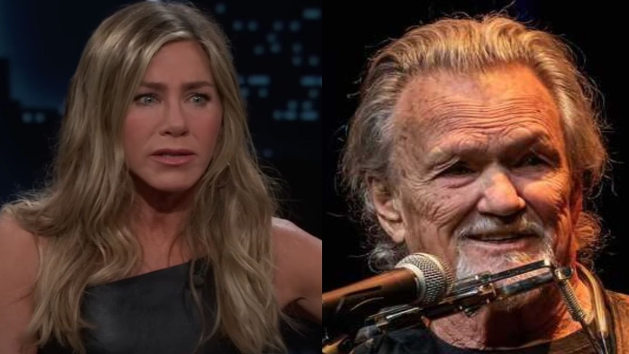 Jennifer Aniston and Kris Kristofferson (Image 1 via YouTube/Jimmy Kimmel Live, image 2 via Getty Images)