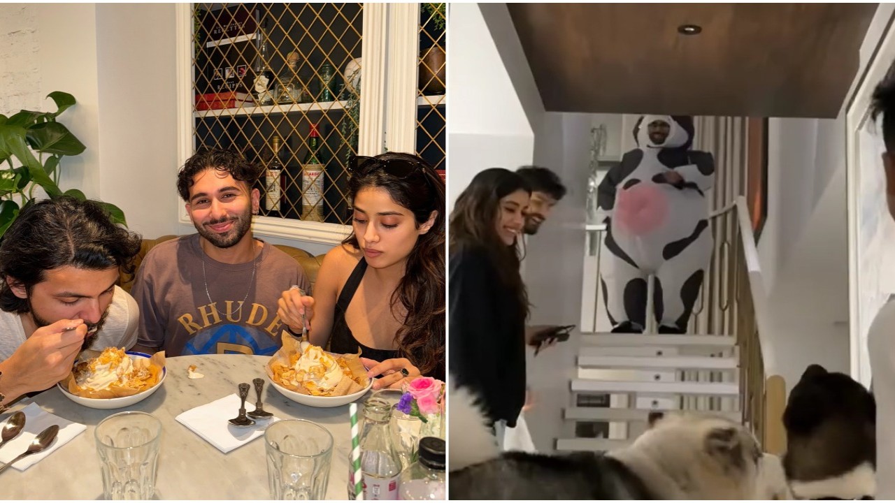 WATCH: Janhvi Kapoor and Shikhar Pahariya can’t stop laughing as dogs continue to bark at Orry’s hilarious cow costume for Halloween