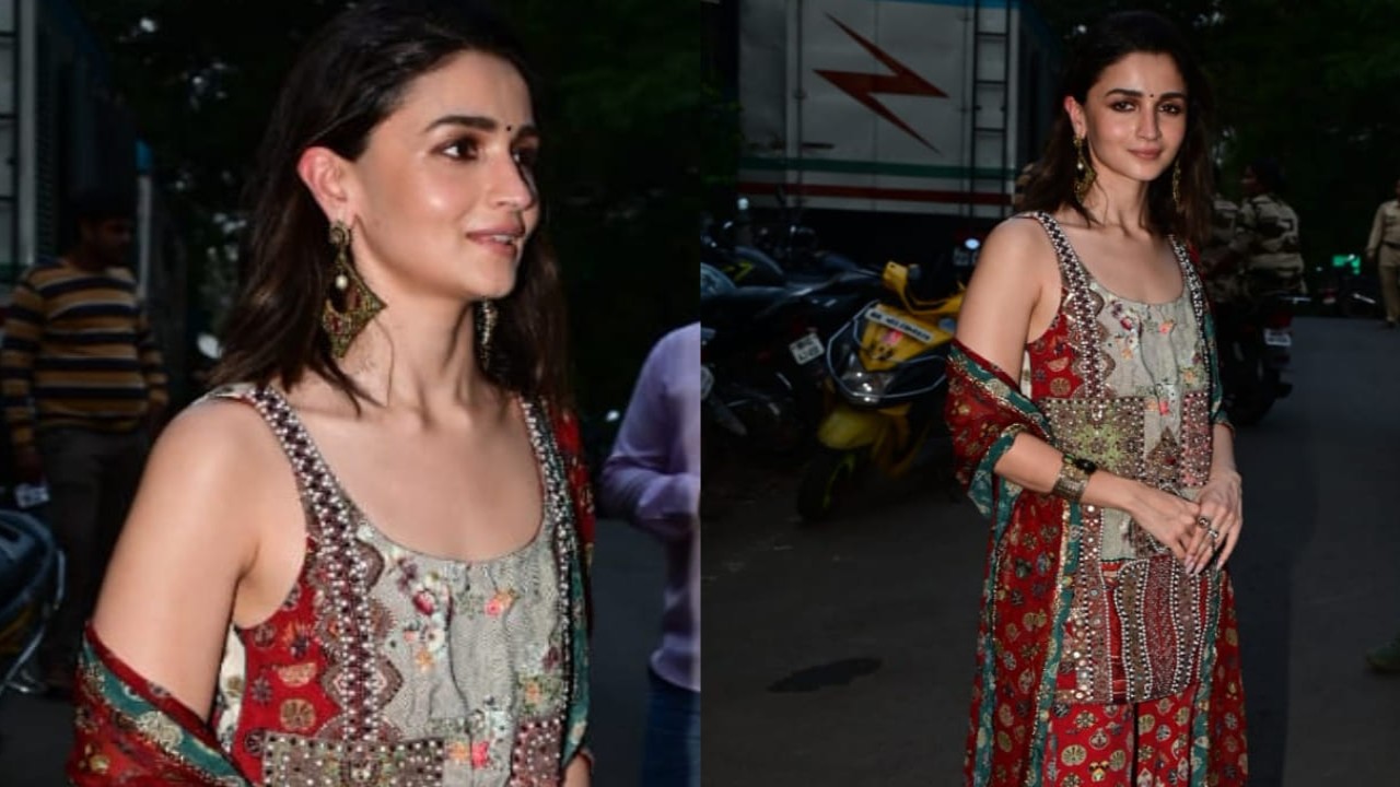 Alia Bhatt wears a Rs 69,500 multi-colored sharara set for Jigra promotion, and it can be quite a vintage yet trendy pick for a mehendi ceremony