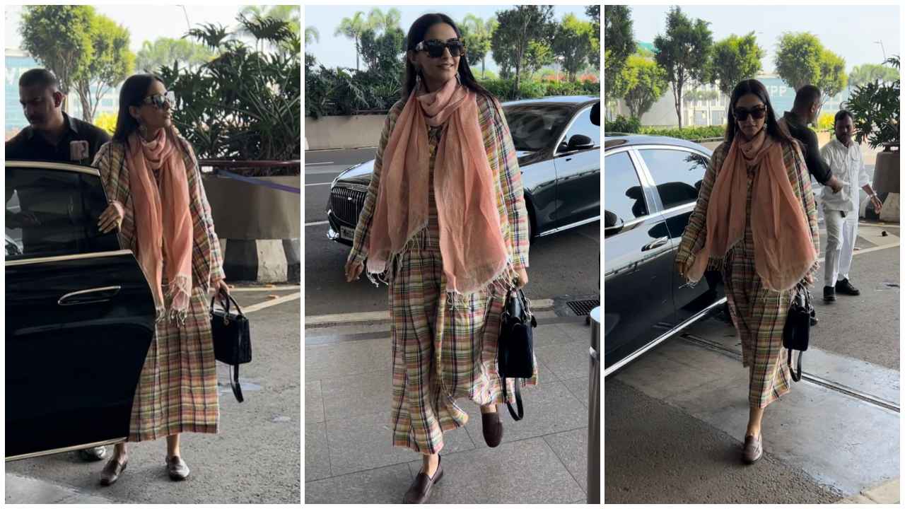 Sonam Kapoor’s airport look in checkered dress with matching jacket is giving us major Aisha nostalgia (PC: Varinder Chawla)