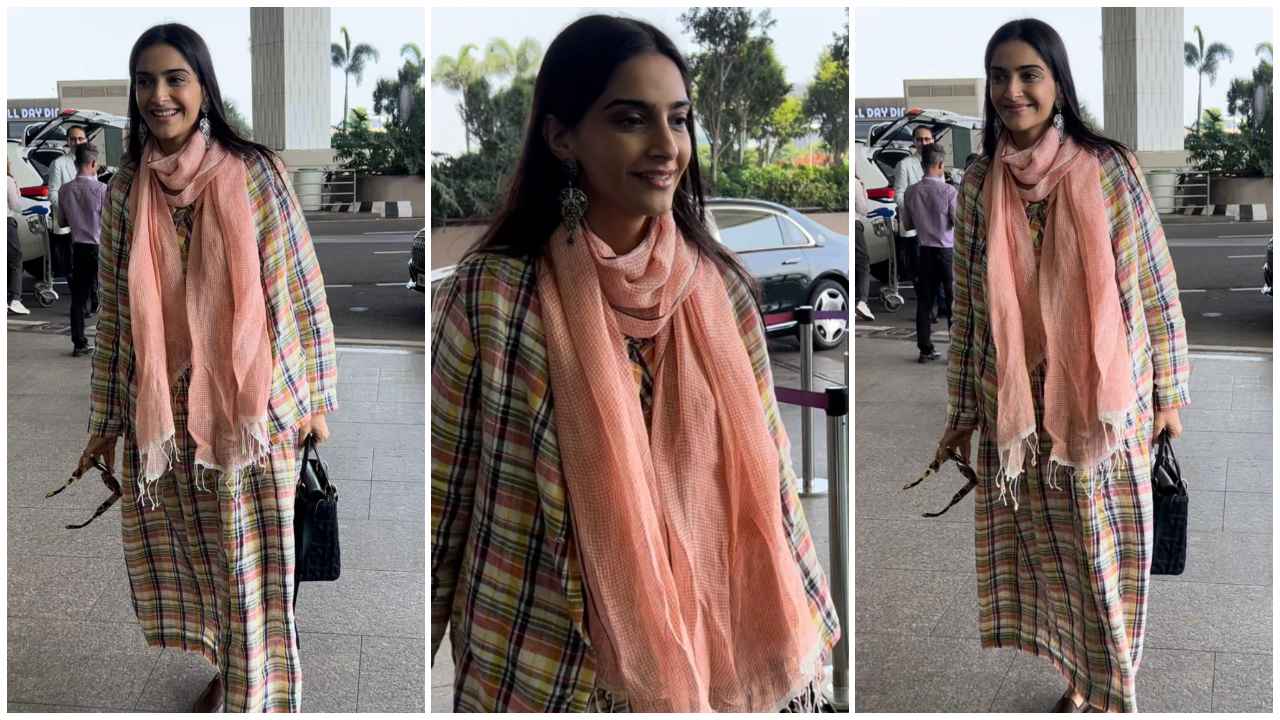 Sonam Kapoor’s airport look in checkered dress with matching jacket is giving us major Aisha nostalgia (PC: Varinder Chawla)