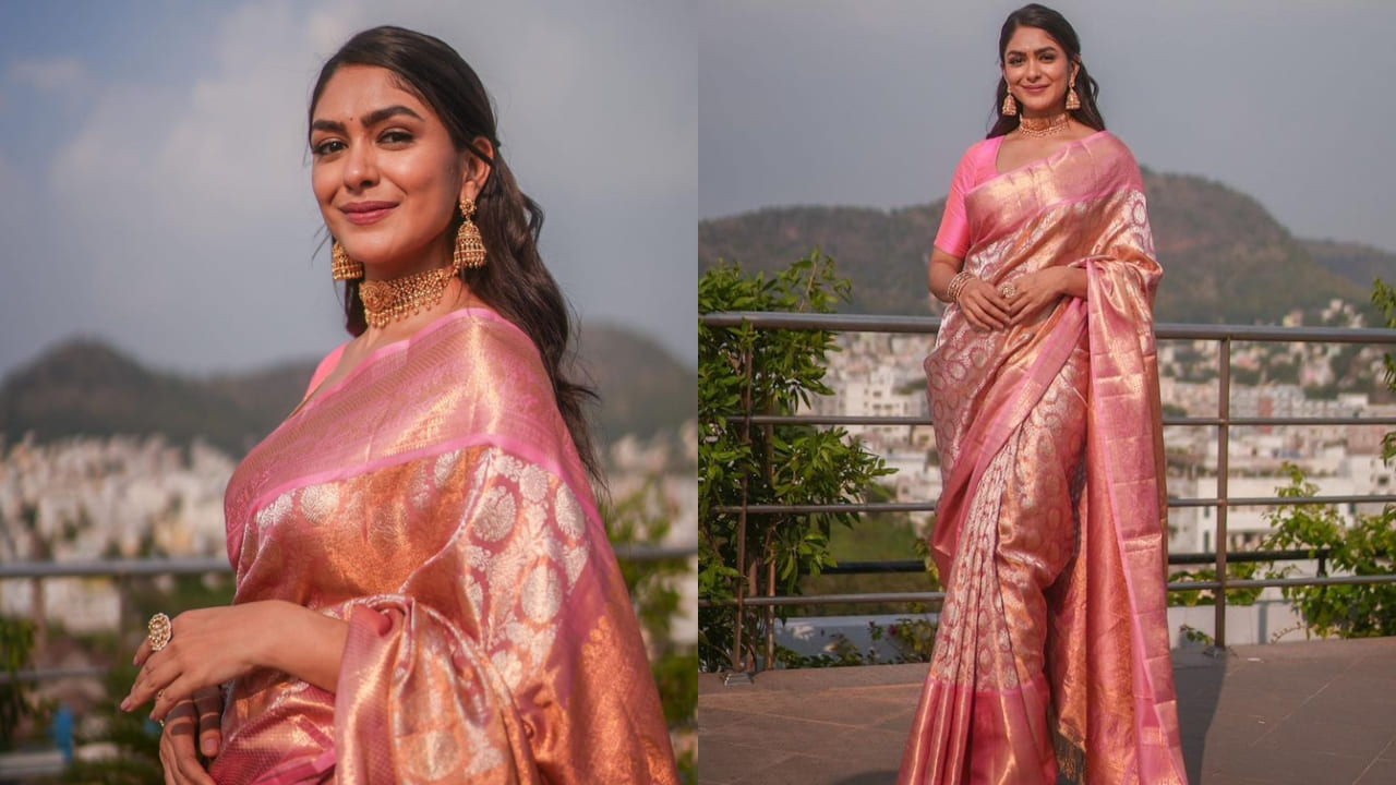 Mrunal Thakur in solid colored blouse