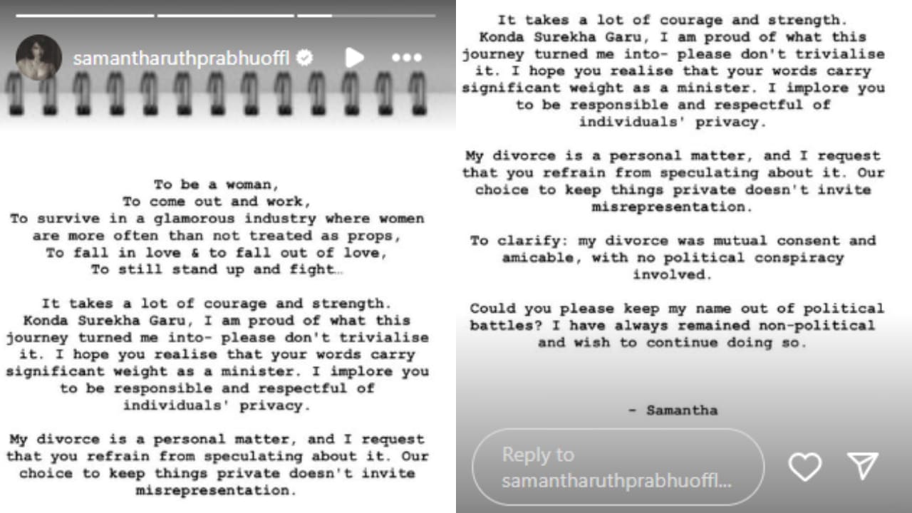 ‘My divorce is a personal matter…’: Samantha Ruth Prabhu reacts to Telangana minister’s comment on her separation from Naga Chaitanya