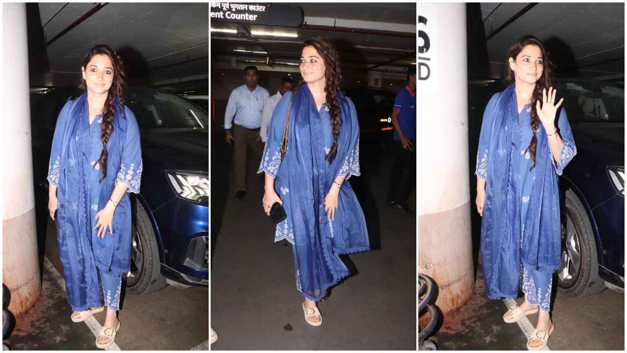 Tamannaah Bhatia’s easy-breezy blue salwar suit airport look is perfect for minimalistic divas who are on the move (PC: Viral Bhayani)