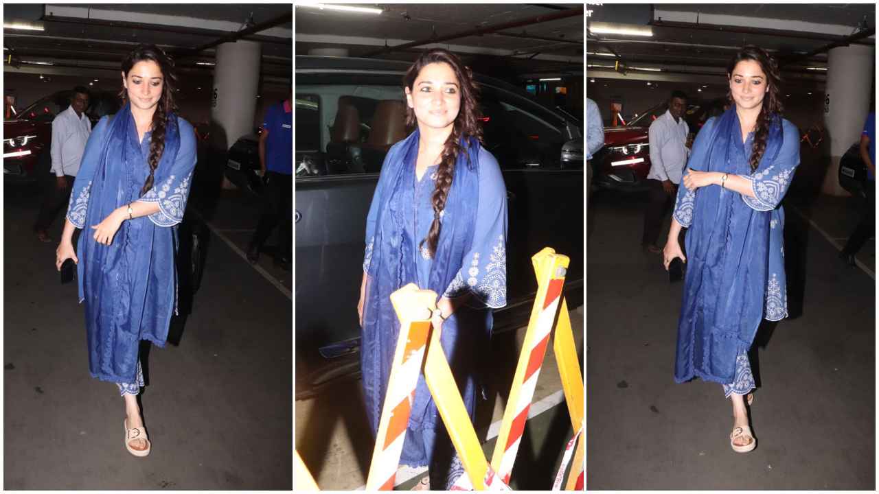 Tamannaah Bhatia’s easy-breezy blue salwar suit airport look is perfect for minimalistic divas who are on the move (PC: Viral Bhayani)