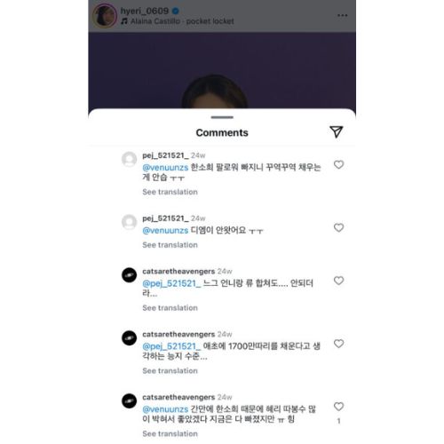 @catsaretheavengers's malicious comments under Hyeri's post