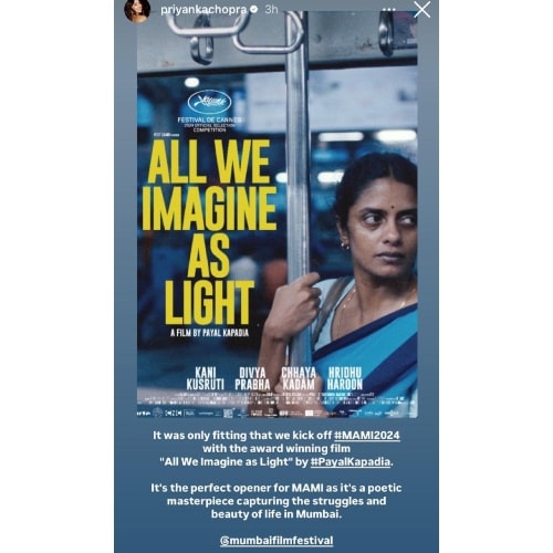 Priyanka Chopra gives shoutout to Payal Kapadia’s Cannes winner All We Imagine as Light after it opens MAMI Film Festival and calls it, 'Poetic masterpiece...'