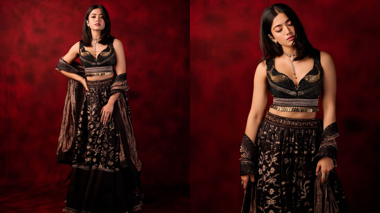 Rashmika Mandanna in black and golden lehenga