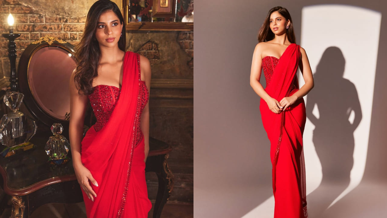 Suhana Khan in red corset saree 