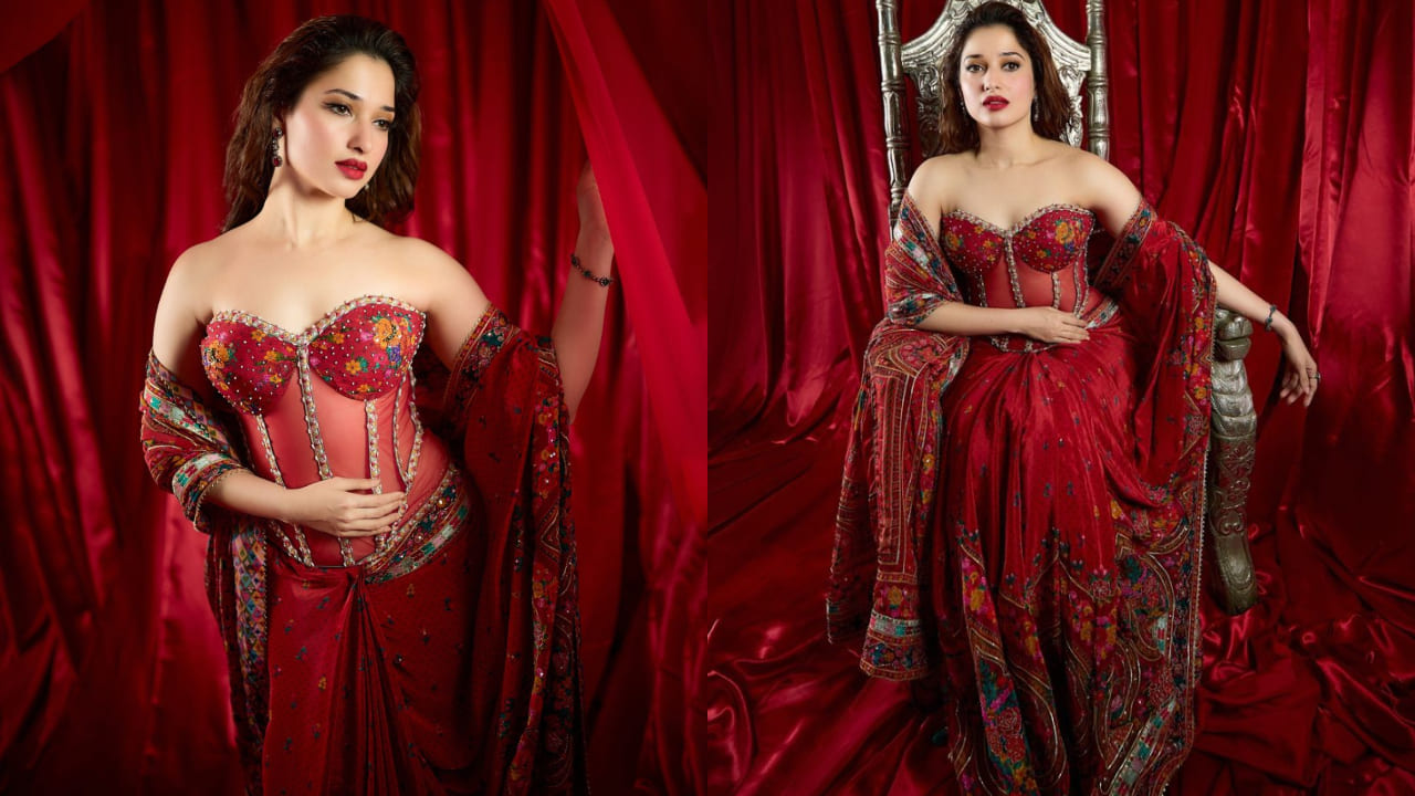 Tamannaah Bhatia in red corset saree 