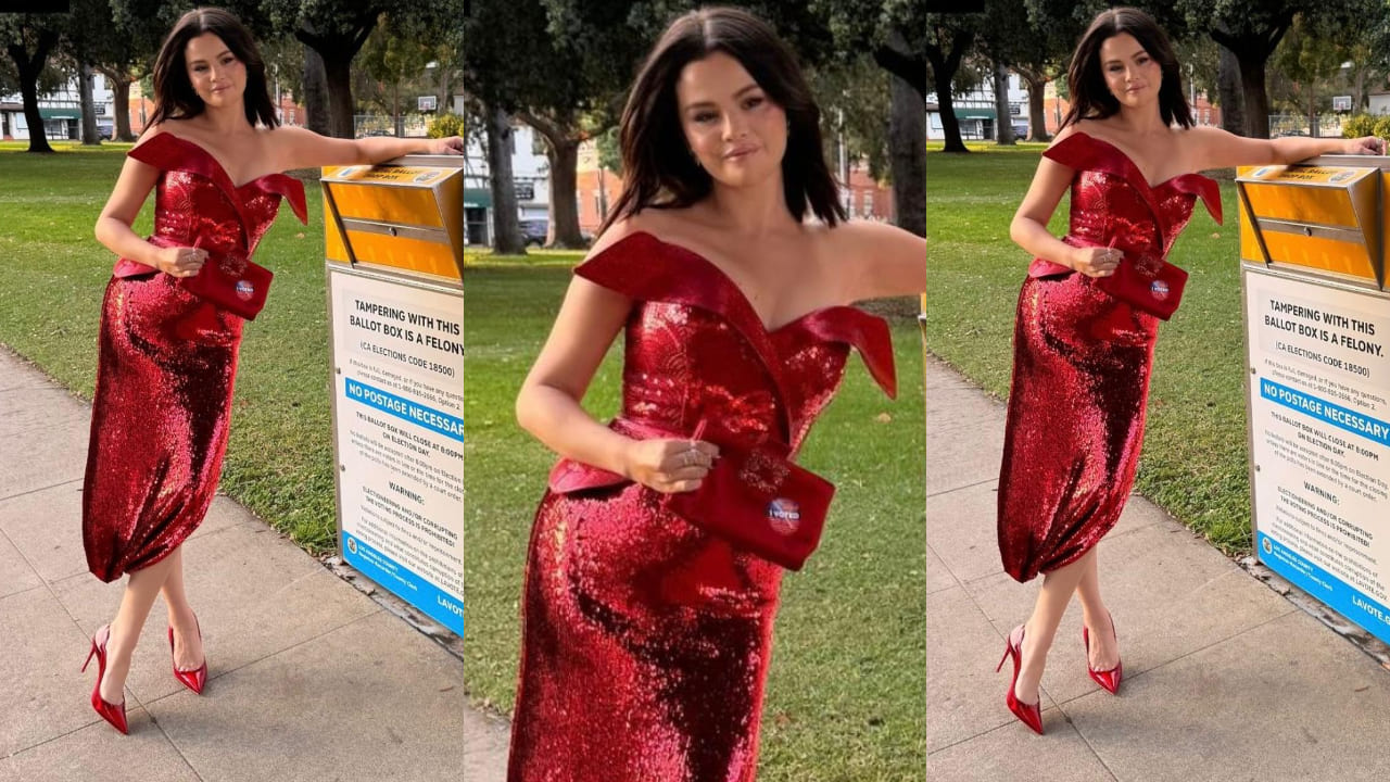 Selena Gomez in red sequin dress 