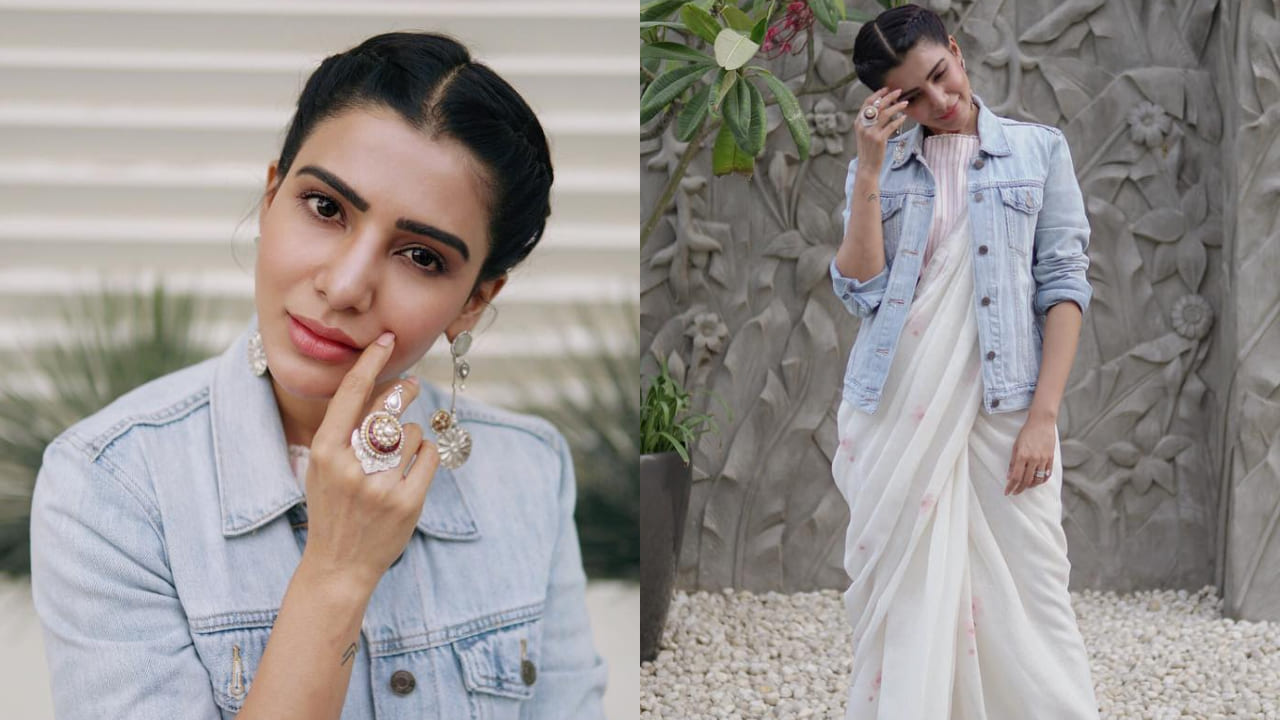 Samantha Ruth Prabhu in white saree and denim jacket 