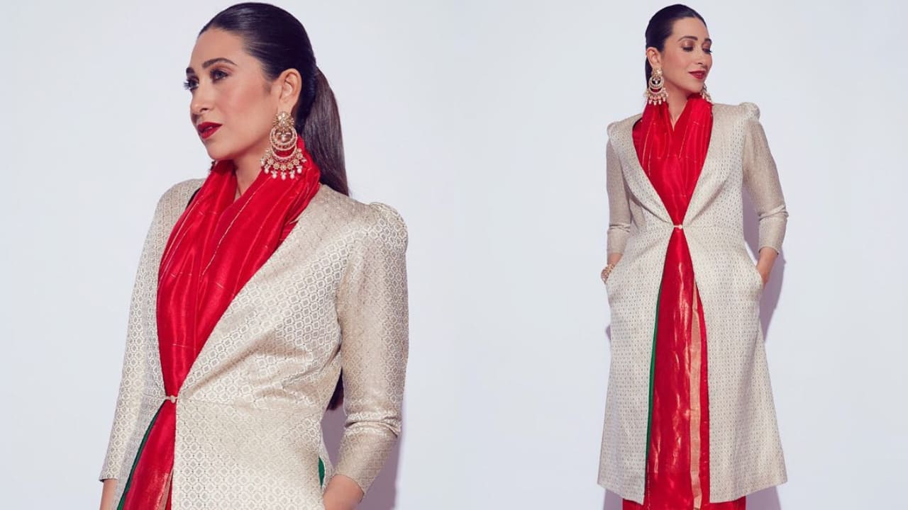 Karisma Kapoor in saree and overcoat 