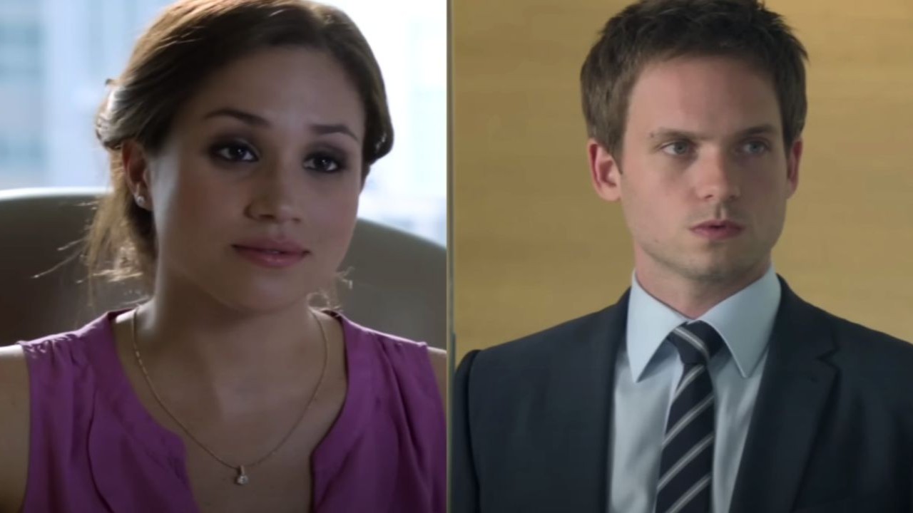 Meghan Markle and Patrick J. Adams (Images via YouTube/ Suits Official)