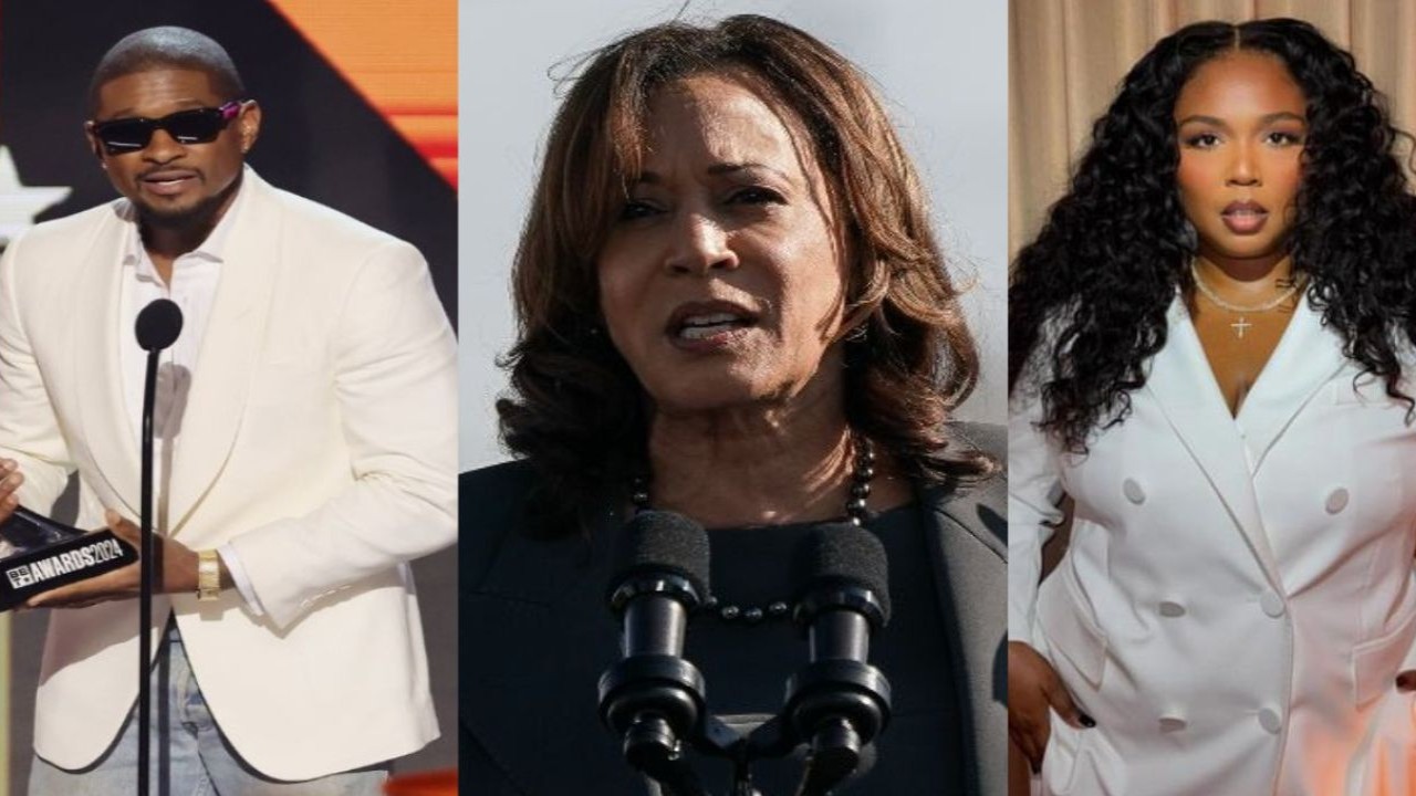 Usher, Kamala Harris (CC: Getty images) and Lizzo (CC: Instagram)