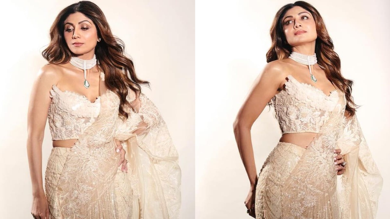 Shilpa Shetty in ivory corset and saree