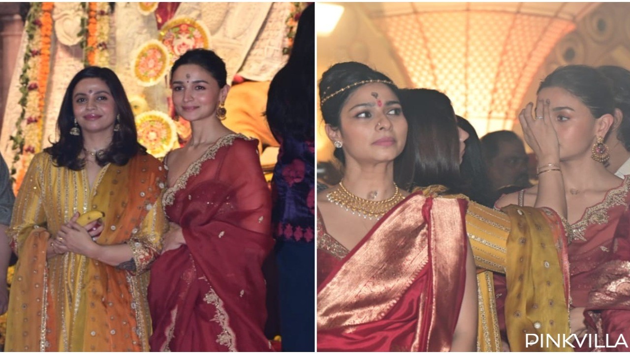 WATCH: Alia Bhatt’s sister Shaheen fixing her tilak at Durga Puja pandal is major sibling goals; duo joins Kajol, Tanishaa Mukerji for festivities