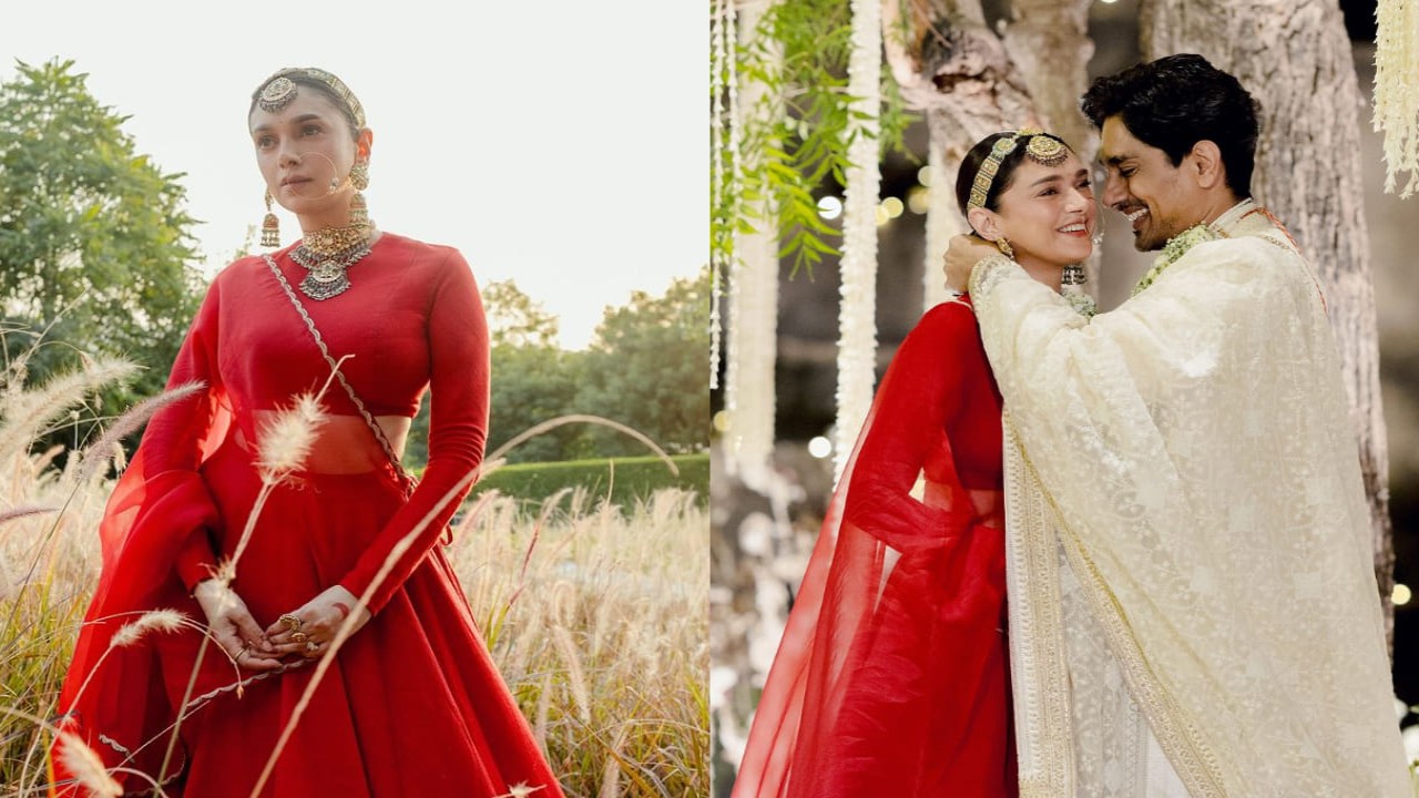 Aditi Rao Hydari looks dreamy in Sabyasachi red wedding lehenga styled with Indian jewelry