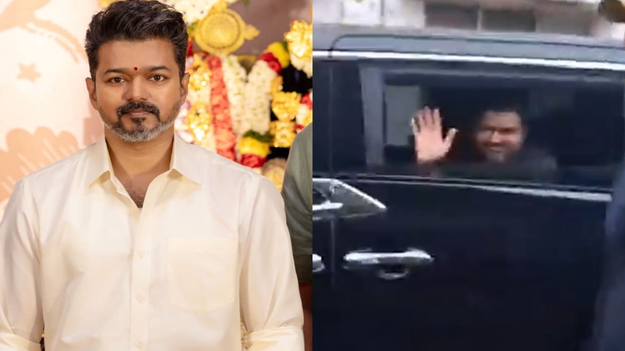 Thalapathy Vijay cruises by in his minivan, showing fans some affection