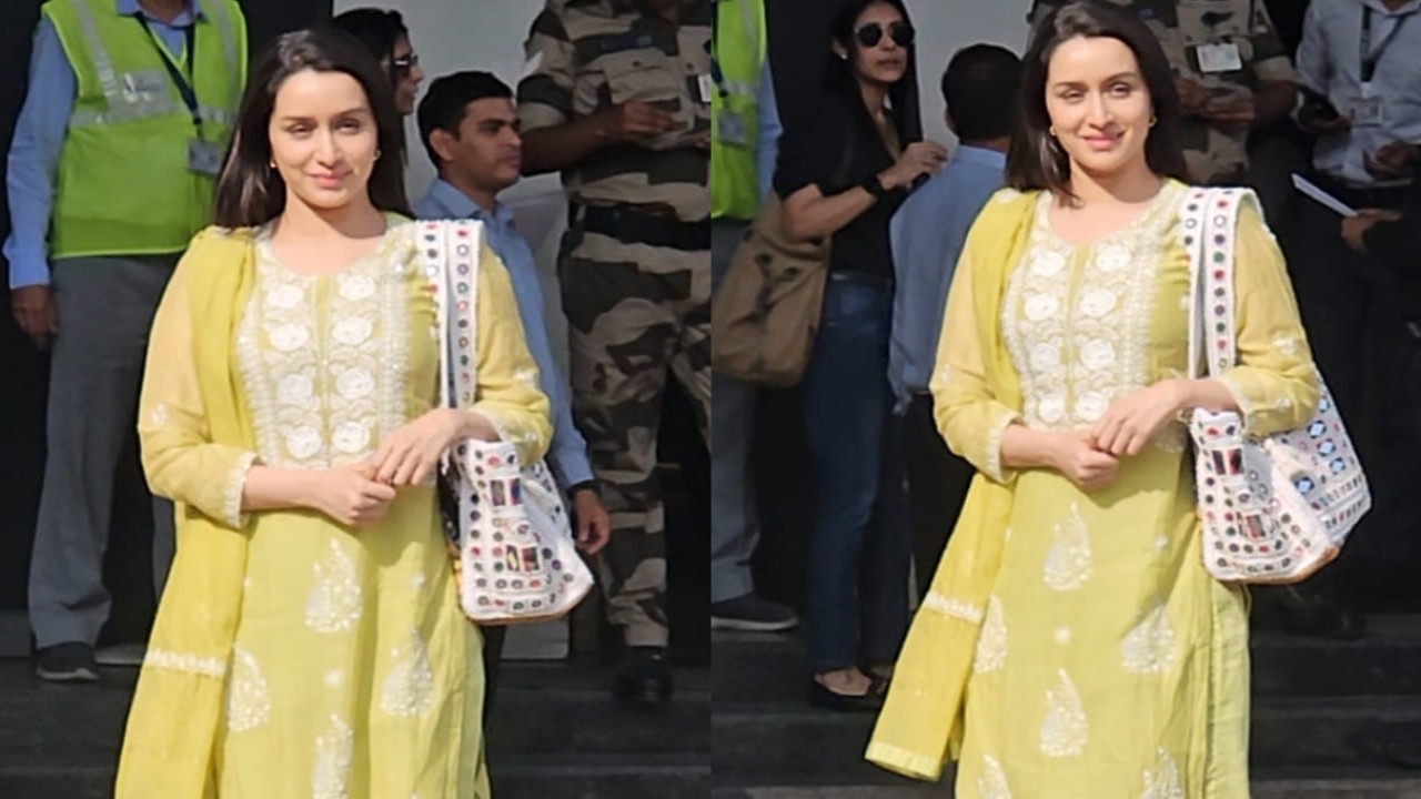 Shraddha Kapoor in yellow chikankari suit at airport 