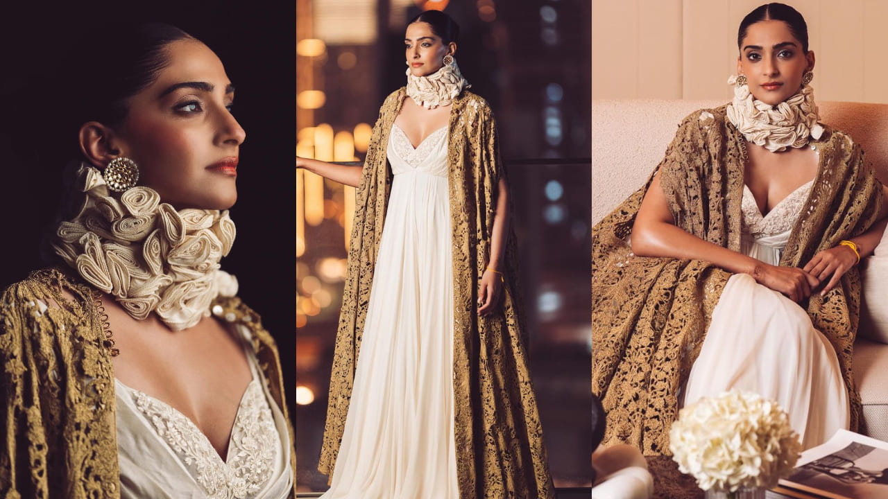 Sonam Kapoor in white gown and brown shrug 